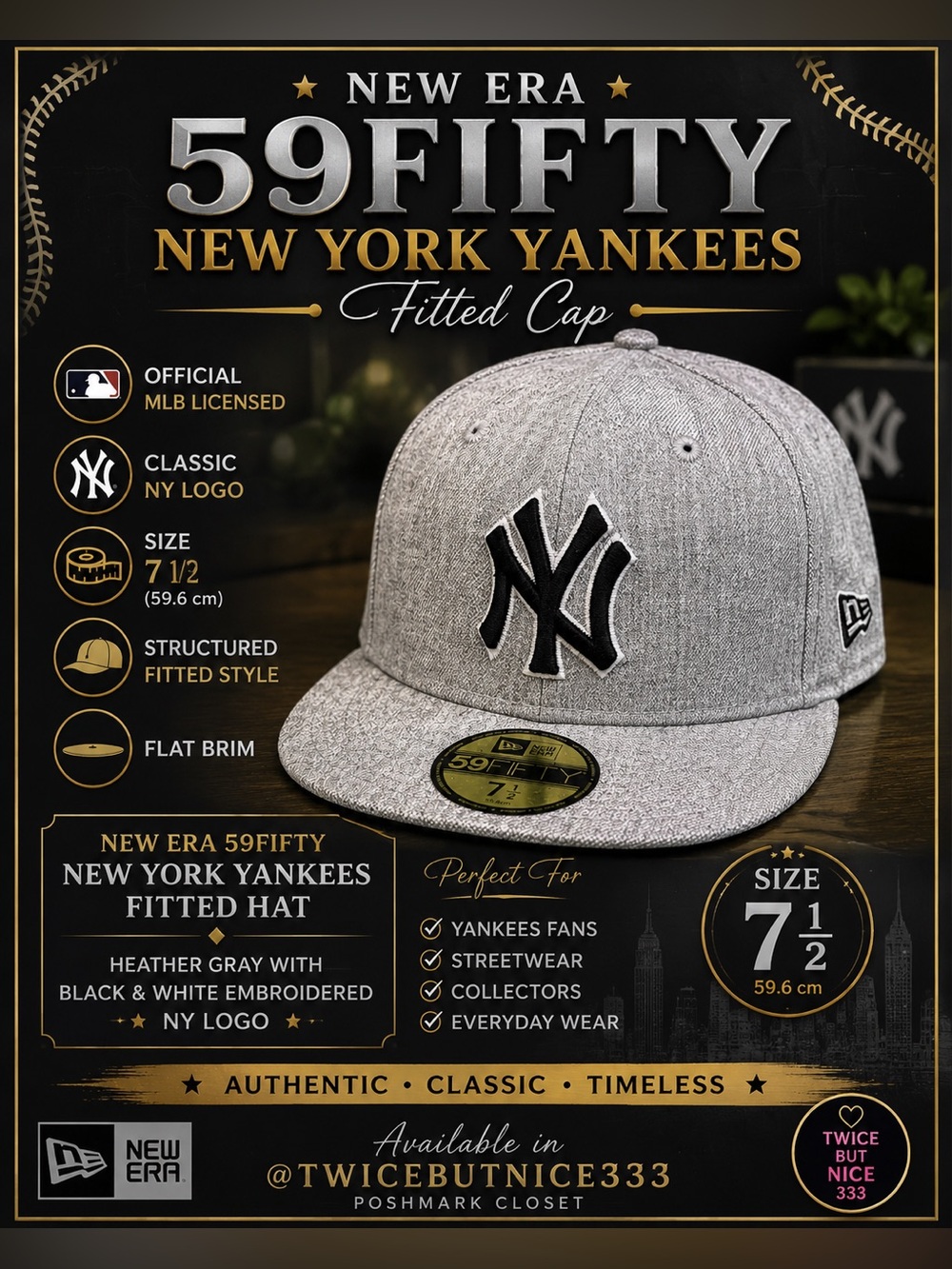 New Era 59FIFTY - New York Yankees Fitted Hat Gray Black Logo, Size 7 1/2